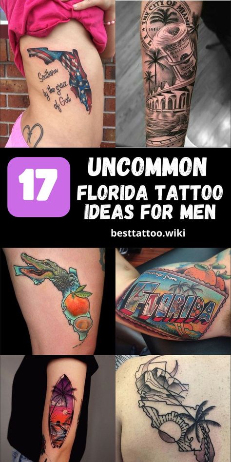 Discover the allure of Florida with our curated collection of tattoo ideas for men in 2024. Featuring 17 captivating designs, each tattoo embodies the essence of the Sunshine State. Whether you prefer a sleeve tattoo or a small chest piece, our selection offers a range of options to suit your style. Embrace the spirit of Florida and express your love for this iconic state with a tattoo that reflects your passion and appreciation for its culture and beauty. Tattoo Florida Ideas, Florida Wildlife Tattoo, Florida Tattoo Ideas For Men, Florida Themed Tattoos, Florida Tattoo For Women, Miami Tattoo Ideas, Florida Tattoo Ideas, Arrow Forearm Tattoo, A Sleeve Tattoo