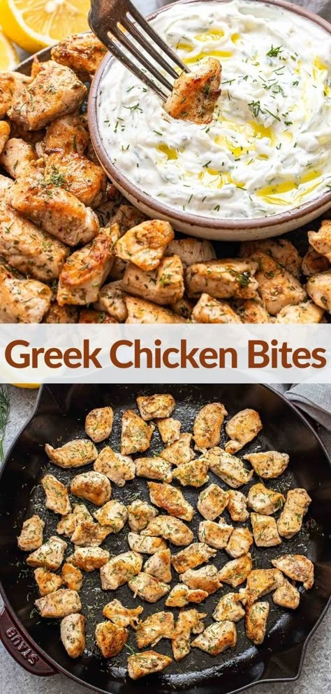 Greek Chicken Bites Tzatziki Sauce Chicken Recipe, Greek Chicken Appetizer, Taziki Chicken Roll Up Recipe, Tzatziki Meal Ideas, Easy Greek Dishes, Chicken Taziki Recipe, Chicken Tzatziki Recipes, Greek Appetizers Easy, Greek Chicken Bowls