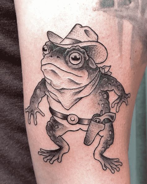 Mens Frog Tattoo, Cowboy Toad Tattoo, Western Frog Tattoo, Cute Toad Tattoo, Mr Toad Tattoo, Traditional Toad Tattoo, Frog With Hat Tattoo, Cowboy Animal Tattoo, Frog Traditonal Tattoo