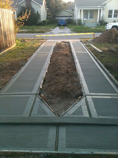 Ribbon driveway. The concrete strips in a ribbon driveway should be at least 2 feet in width and located so that they are 5 feet on center (fig. 148B). When the ribbon is also used as a walk, the width of strips should be increased to at least 3 feet Ribbon Driveway, Decoration Beton, Driveway Design, Driveway Landscaping, Concrete Driveways, The Heights, The Woodlands, Paver Patio, Concrete Patio