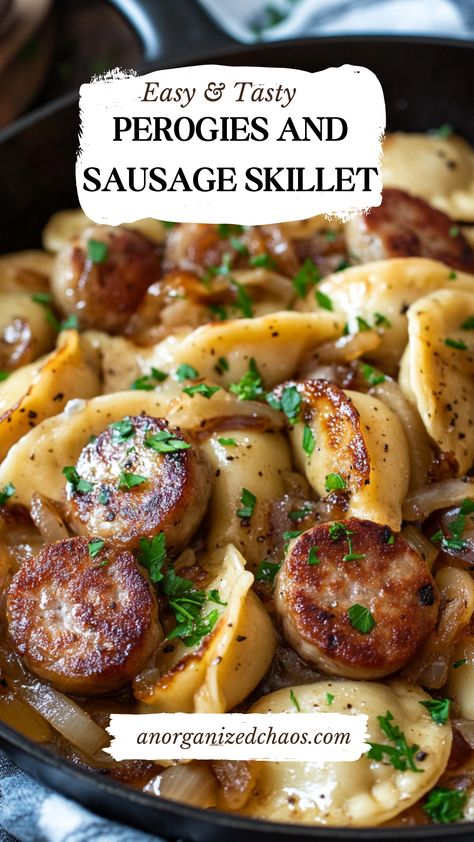 Classic Perogies and Sausage Skillet Bavarian Sausage Recipes, Sweet And Sour Farmer Sausage Recipes, Sausage And Perogies Recipes Crockpot, Brats And Perogies, Recipes With Pierogies Dinners, Mrs T Perogies Recipe, Easy Dinner Recipes With Sausage Links, Dinners For 3 People, Pierogi Sausage Casserole