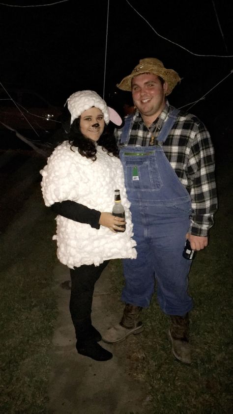 DIY sheep and farmer costume  Sheep: LOTS of cotton balls and a hot glue gun! I used a plain white t shirt and a beanie super easy! Diy Sheep, Farmer Costume, Sheep Costume, Sheep Costumes, Theatre Education, Plain White T Shirt, Cotton Balls, Halloween 2023, The Sheep