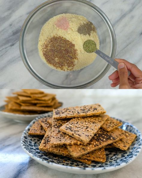 Almond Flour Crackers - Greenku Recipes Almond Flour Crackers, Keto Crackers Recipe Almond Flour, Gluten Free Crackers Almond Flour, Almond Flour Sour Cream Crackers, Keto Sesame Crackers, Lowcarb Crackers, Almond Flour Rosemary Crackers, Grain Free Snacks, Chicken Wing Recipes Fried