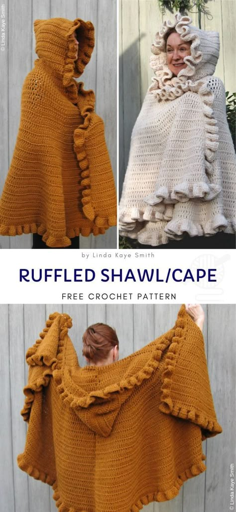 Fantastic Hooded Crochet Shawls - Pattern Center Crochet Hooded Shawl, Hooded Cloak Pattern, Cape Pattern Free, Ruffled Shawl, Free Crochet Shawl Patterns, Shawl Ideas, Crochet Shawl Patterns, Crochet Cape Pattern, Cloak Pattern