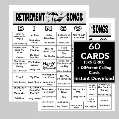 Retirement Music Hits Party Bingo Game - Fun for the Whole Group or Family! The Retirement Music Hits Bingo set includes 60 different cards. INSTANT DOWNLOAD - 2 Game cards per 8 1/2 x 11 page - Print at any copy or photo store. Recommend printing on cardstock. Call List Included. Multiple ways to play: First person to get one row, a diagonal row, four corners or fill the game card. Add prizes for the winners! Goodbye World, Music Bingo, Goodbye Party, Bingo Set, Bingo Printable, Music Hits, Happy Again, Photo Store, Song List