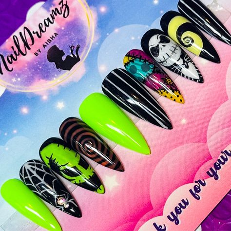 Nightmare Before Christmas Halloween Press On Nails - Nail Dreamz by AishaNBC - HLW Glow In The Dark Halloween Nails, Night Before Christmas Nails, Nightmare Before Christmas Nails Designs, The Nightmare Before Christmas Nails, Press On Nails Ideas, Oogie Boogie Nails, Nightmare Before Christmas Nail Art, Mr Oogie Boogie, Sally Nails