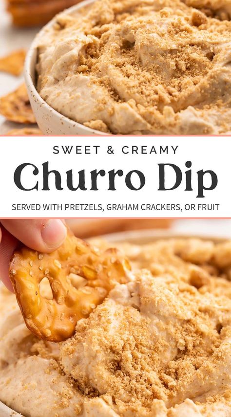 All the flavors of a churro in a sweet, creamy dip! Easy to make ahead and perfect with pretzels, graham crackers, cookies, or fruit, this fun dessert dip is a hit at every event. You can make it keto or gluten-free with a couple easy subs, too! Churro Cheesecake Dip, Easy Dessert For Mexican Night, Margarita Dip With Salted Pretzels, Mexican Dessert Dip, Cinnamon Dip For Pretzels, Dip Mas Party, Dips For Potlucks, Quick Cream Cheese Dip, Amazing Dips Recipes