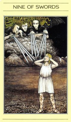 Nine of Swords: Health: This is a time to be very cautious about your intake of substances such as drugs or alcohol, because you may be self medicating, when what you really need is to get to the bottom of what is bugging you. Stress can be taking a mighty toll. Look at ways to mitigate your risk factors and to deal with stress. If all else fails, think about changing your lifestyle and the things you're spending your money on.   .Source: Mythic Tarot/psychic-revelation meaning/Learning Taro... 9 Of Swords, Tarot Cards Swords, 10 Of Swords, Nine Of Swords, Ten Of Swords, Suit Of Swords, Tarot Swords, Oracle Of Delphi, Swords Tarot