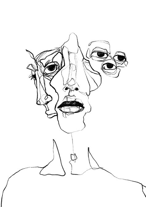 Faces Drawing Abstract, Face Abstract Drawing, Automatic Drawing Ideas, Face Art Black And White, Surrealism Lineart, Line Drawing Faces Abstract, Face Doodles Abstract, Art White Background, Contemporary Art Illustration