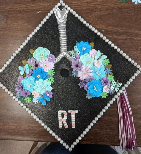 Respiratory Therapy RT Graduation Cap Idea. Flower Lungs. #RespiratoryTherapist Rt Graduation Party, Respritory Therapist, Graduation Cap Designs Respiratory Therapy, Respiratory Therapy Tattoo, Rt Graduation Cap, Rad Tech Graduation Cap, Respiratory Therapist Graduation Cap, Respiratory Therapy Graduation Cap, Respiratory Therapist Graduation