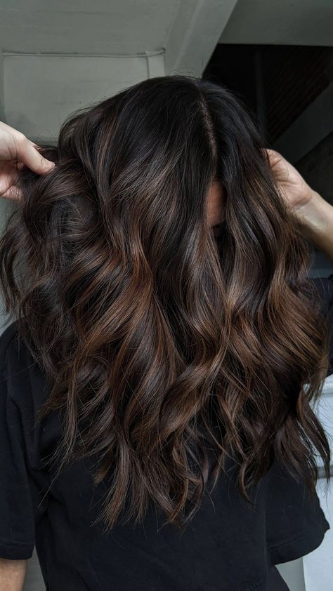 Very Dark Brown Hair Balayage, Dark Brown Carmel Hair Subtle Highlights, Dark Hair Highlights Ideas, Dark Brown Hair Fall 2024, Dimension Dark Brown Hair, Dark Chocolate Hair With Dimension, Earthy Burnett Hair, Demintional Brunette, Fall Bayalage Brunette Dark