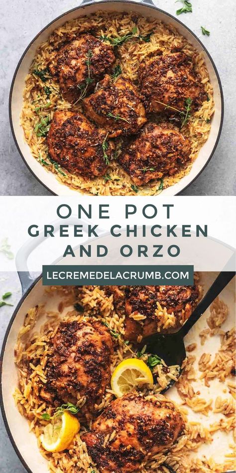 Chicken And Orzo One Pot, Greek Chicken Dutch Oven, Healthy Dinner Recipes For Large Group, Mederteranian Dinner, Greek Chicken With Orzo, Dutch Oven Recipes Healthy Clean Eating, Chicken Thigh Greek, Greek Chicken Recipes Skillet, One Pot Mediterranean Recipes