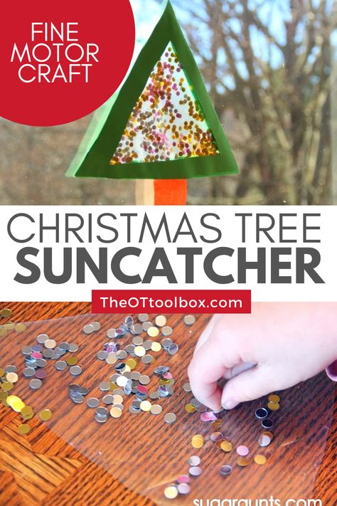 This Christmas suncatcher helps kids build fine motor skills and looks so cute in the window. Christmas Sun Catcher, Christmas Tree Craft, Suncatcher Craft, Preschool Christmas Crafts, Tree Craft, Christmas Play, 25 Days Of Christmas, Themed Activities, Christmas Tree Crafts