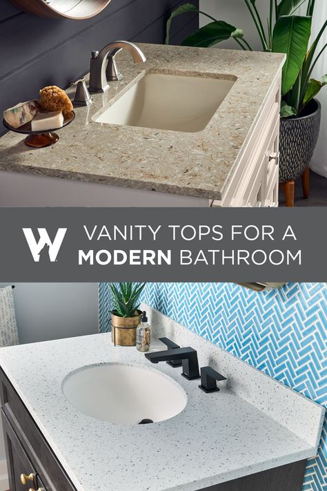 For your modern bathroom, the right vanity top is an essential choice. Not only will modern vanity countertops update your entire space and look great, but they will affect performance. If you’re ready to replace your bathroom vanity, read on! Granite Vanity Tops Bathroom, Bathroom Vanity Tops Ideas, Bathroom Vanity Top Ideas, Bathroom Countertop Design, Vanity Tops Bathroom, Classic Bathroom Decor, Modern Countertops, Bathroom Sink Countertop, Granite Bathroom Countertops