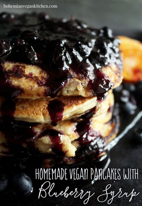 Simple + Delicious Vegan Pancakes with Moan-worthy Bluberry Syrup. #veganpancakes #veganpancakerecipe #easy #blueberries #blueberrypancakes #veganblueberrypancakes #veganbreakfast #bohemianvegankitchen Low Carb Vegan Breakfast, Vegan Pancakes Easy, Homemade Blueberry Syrup, Dairy Free Pancakes, Vegan Pancake Recipes, Vegan Breakfasts, Low Histamine, Blueberry Syrup, Plant Based Breakfast