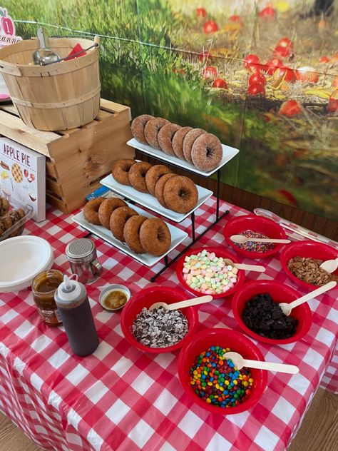 Red and white table cloth with donuts and toppings, fresh baked pie and a birthday cake Fall Donut Bar, Apple Cider Stand Kids, Donut Dessert Table, Cocoa Stand, Apple Cider Bar, Fall Donuts, Hot Cocoa Stand, Party Food Bars, Bday Themes