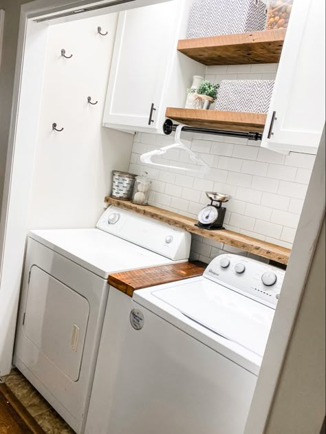 Laundry Room Ideas Storage Cabinets, Too Loader Laundry Room Ideas, Storage In Laundry Room Small Spaces, Small Laundry Area In Kitchen, Small Bathrooms With Laundry Area, Small Laundry Room Design With Window, Top Loader Laundry Closet, Small Space Laundry Closet, Laundry Room Ideas Small Space Top Loader