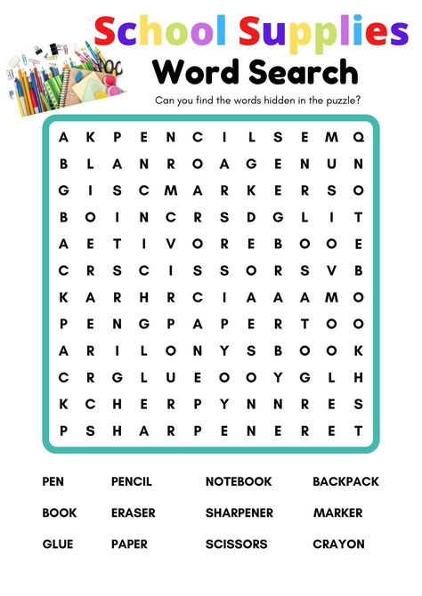 "School Supplies Word Search with Answer Key. You will receive 1 PDF Files. ( 2 pages )  Word Search and Word Search Answer Key  The perfect, simple, game for Family Night or fun for the kids. **IMPORTANT NOTICE Please download your digital files to a COMPUTER. This is an instant download, print it yourself - NO PHYSICAL PRODUCT WILL BE SHIPPED. You will receive (1) high-resolution 8.5\" x 11\" PDF file of this artwork. INSTANT DOWNLOAD Your files will be available to download once payment is confirmed." Back To School Word Search Free Printable, Family Game Night Games, Simple Word Search For Kids, Simple Word Search, Word Search Grade 2, Game Night Games, Back To School Word Search, Word Searches For Kids, School Supplies For Kids