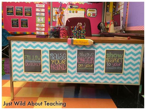 Yes, I am late to the party….classroom reveal party that is!  I usually would decorate my classroom mid august but we weren't allowed to ... Decorate Front Of Teacher Desk, Decorate Teacher Desk Ideas, Teacher Desk Cover Ideas, Teacher Desk Ideas Work Spaces, How To Decorate Teacher Desk, Front Of Desk Decor Teacher, Front Of Teacher Desk Ideas, Decorate Teacher Desk, Teacher Desk Makeover Contact Paper