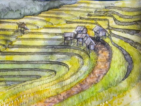 #Riceterraces #SaPasketch #vietnamHighlands #Vietnamsketch #vietnamsketches #vietnamRiceFields #riceFieldsSketch #vietnamwatercolors #vietnamsketchbook #ricefieldsWatercolor #vietnamwatercolorpainting Rice Terraces Drawing, Vietnam Painting, Village Drawing, Sapa Vietnam, Illustration Picture, North Vietnam, Rice Terraces, South Vietnam, Bts Namjoon