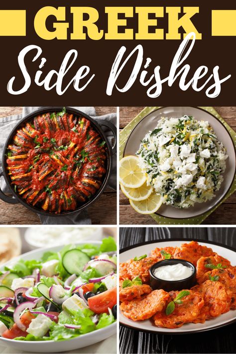 Looking for authentic Greek side dishes that are easy to make? From salad to rice to chickpea fritters, these recipes will give you a taste of the Mediterranean! Side Dishes With Chicken, Meal Shopping List, Mediterranean Side Dishes, Greek Sides, Greek Side Dishes, Dishes With Chicken, Greek Sauce, Greek Lemon Rice, Okra And Tomatoes