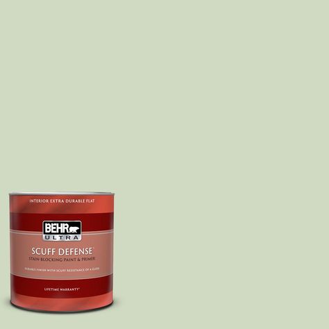 For real life, the Best Offense is SCUFF DEFENSE. BEHR ULTRA SCUFF DEFENSE Stain-Blocking Paint and Primer in One sets a new standard for flat paint durability. SCUFF DEFENSE features breakthrough innovation to deliver a rich flat finish that is truly durable enough for high-traffic areas. Don't settle or compromise between the flat look you desire and higher level of durability you require. Color: Glade Green. Behr Ultra, No More Drama, Concrete Bricks, Flat Interior, Flat Paint, Wall Trim, Paint Types, Green Bean Casserole, Paint Primer