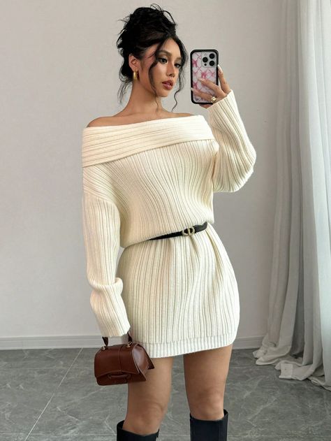 Off-Shoulder Loose Solid Color Casual Sexy Sweater Dress Apricot Casual  Long Sleeve Fabric Plain  High Stretch  Women Clothing, size features are:Bust: ,Length: ,Sleeve Length: Proposal Outfits For Her Winter, Winter Birthday Outfit Ideas For Women, Thanksgiving Sweater Dress, Off Shoulder Sweater Dress, Dress With Sweater, Off The Shoulder Sweater Dress, Winter Birthday Outfit, 22 Birthday, Thanksgiving Sweater