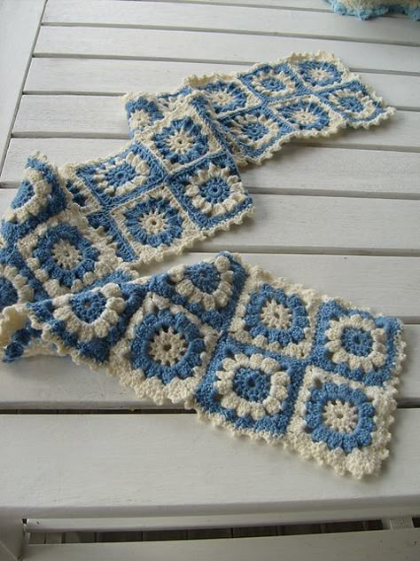 French Blue & WHite Granny Scarf * So Pretty :) Blue White Granny Square, Blue And White Granny Square, Granny Square Crochet Scarf, Granny Scarf, Blue White Crochet, Blue And White Crochet, Crochet Womens Scarf, Granny Square Scarf, Crochet Blocks