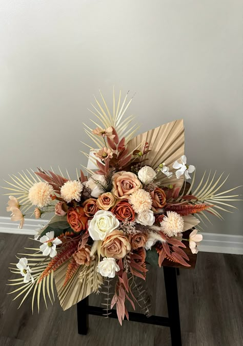 Boho Flower Arrangements For Arch, Boho Terracotta Wedding Arch, Terracotta Wedding Arch Flowers, White Arch Flowers, Boho Wedding Arch Pampas, Wedding Arch Flowers Terracotta, Isle Decorations Wedding, Terracotta Boho Wedding, Arch Flowers Wedding