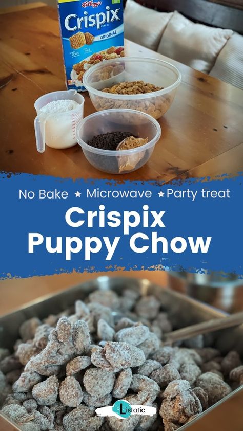 No bake desserts are some of the best recipes to pass around. This Crispix Puppy Chow recipe is one I'm sure you have seen before. It is the classic muddy buddy recipe only using crispix cereal. A no bake microwave dessert with powdered sugar, chocolate, and peanutbutter. Its easy to make, quick to have ready and so so good! Both kids and adults will go crazy over this no bake snack. Microwave Puppy Chow Recipe, Crispix Puppy Chow, Puppy Chow Crispix Recipe, Homemade Powdered Sugar, Easy Puppy Chow, Crispix Cereal, Bake Snacks, Puppy Chow Chex Mix Recipe, Puppy Chow Recipe