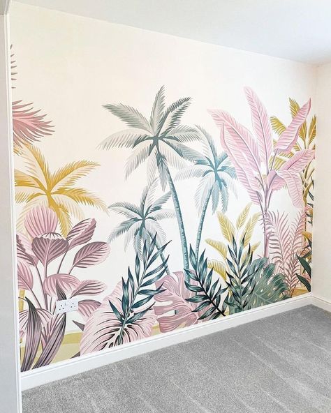 Mural Leaves, Tropical Backdrop, Pale Background, Wallpaper Jungle, I Love Wallpaper, Pink And Mustard, Creative Wall Painting, Rajasthani Art, Deco Jungle