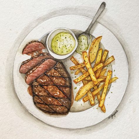 Food On Table Drawing, Food Ilustrasi, Food Drawing Sketches, Drawings Of Food, Fries Illustration, Steak And Fries, Food Sketches, Watercolor Food Illustration, Drawing Food