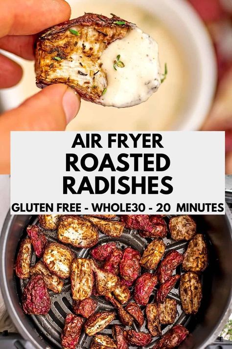 Air fryer radishes are a quick and easy side dish perfect for any meal! A great low carb alternative to potatoes, these air fryer radishes are ready in 20 minutes and vegan, gluten free, paleo and Whole30 friendly. Air Fryer Radishes, Fried Radishes, Trim Healthy Recipes, Roasted Radishes, Radish Recipes, Air Fried Food, Low Carb Sides, Low Carb Side Dishes, Air Fryer Healthy