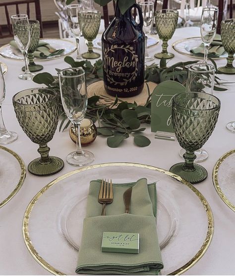 Olive Green Gold And White Table Setting, White Olive Green Wedding, Shades Of Green Wedding Decor, Light Olive Green Wedding, Olive Green White And Gold Wedding, Sage Green Wedding Tablescape, Sage Green And Gold Table Decor, Green Glassware Wedding, Green And White Table Setting Wedding