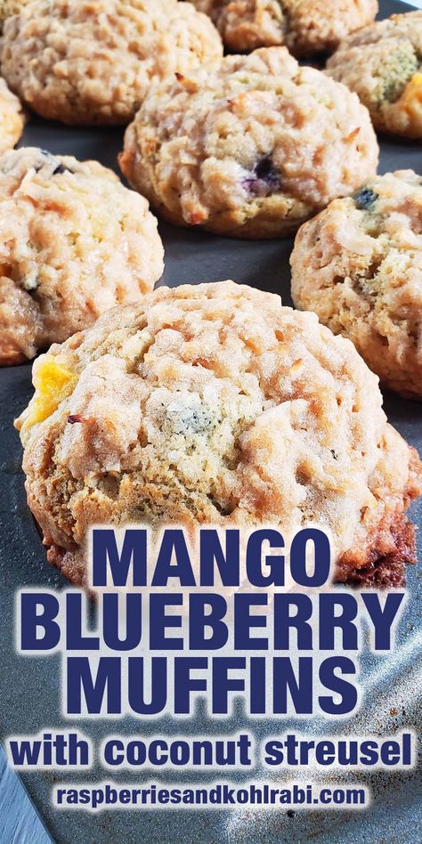 These blueberry mango muffins are bursting with blueberries and mangoes and are topped with a crunchy coconut streusel. Mango Blueberry Cake, Mango Muffins Recipe, Mango Blueberry Muffins, Mango Oatmeal Muffins, Coconut Flour Banana Blueberry Muffins, Blueberry Almond Power Muffins, Assorted Muffins, Mango Muffins, Blueberry Mango