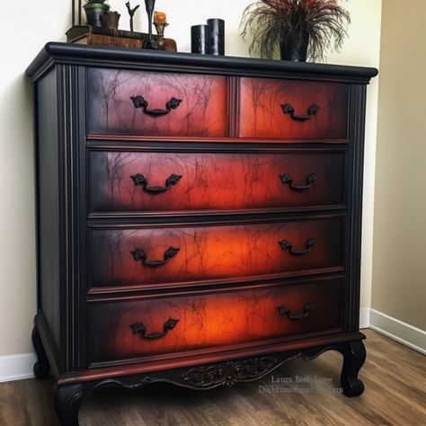 Diy Dresser Makeover Gothic, Dresser Chalk Paint Makeover, Goth Painted Furniture, Gothic Dresser Makeover, Whimsigoth Painted Furniture, Large Dresser Makeover, Black Painted Bedroom Furniture, Black And White Bedroom Furniture, Black And Red Room