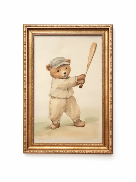 Vintage Teddy Bear Nursery, Teddy Bear Boy Nursery, Baby Boy Nursery Vintage, Bear Nursery Boy, Teddy Bear Nursery Theme, Vintage Baseball Room, Vintage Baseball Nursery, Bear Nursery Theme, Vintage Sports Nursery