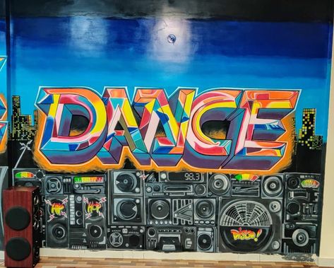 Dance Graffiti, Gym Interior, Boom Box, School Decor, Art Promotion, Dance Poster, Graffiti Wall Art, Dance Teacher, Record Players