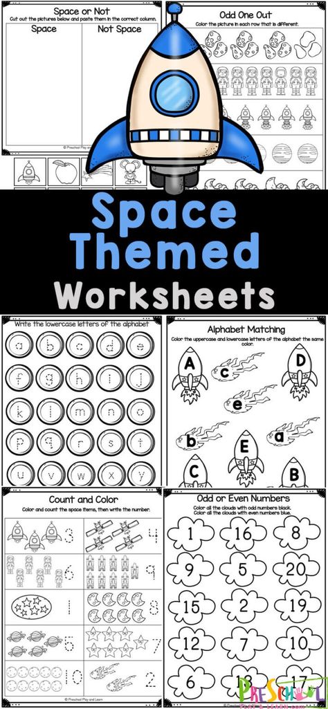 If you are look for some preschool space theme printables to add to your next theme or center, you will love these preschool worksheets! These space worksheets for preschoolers include a variety of alphabet, counting, numbers, coloring, and more to help children learn while having fun with outer space themed worksheets! Space Activities Preschool Literacy, Space Number Activities, Free Preschool Space Activities, Space Theme Preschool Free Printable, Outer Space Fine Motor Activities, Outer Space Ideas For Preschoolers, Outer Space Worksheets For Preschool, Preschool Outer Space Theme, Space Theme Prek