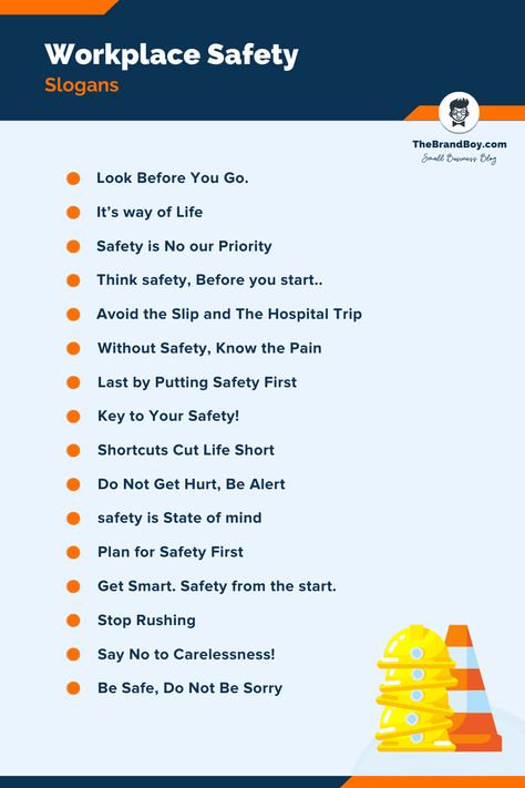 149+ Brilliant Workplace Safety Slogans - thebrandboy.com 5s Poster, Safety Boards For Work Ideas, Safety Poster Design, Safety Posters Workplace Ideas, Safety Talk Topics, Workplace Safety Bulletin Boards, Safety Slogans Posters, Funny Safety Slogans, Safety Slogans Workplace