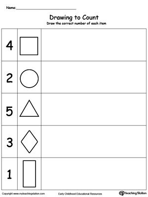 Trace and Drawing Shapes to Count: Practice drawing and counting by looking at each shape and drawing as many copies of the shape as the number listed below each shape. Practice Drawing Shapes, Kindergarten Drawing, Drawing Shapes, Shape Worksheets For Preschool, Shapes Worksheet Kindergarten, Preschool Number Worksheets, Preschool Tracing, Preschool Math Worksheets, Practice Drawing