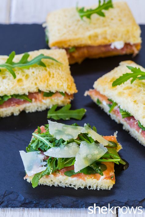 5 Easy tea sandwiches that will definitely impress your guests – SheKnows Valentines Day Tea Sandwiches, Italian Tea Sandwiches, Elegant Tea Sandwiches, Prosciutto Finger Sandwiches, Italian Finger Sandwiches, Finger Sandwiches For Tea Party, Italian Tea Party, Afternoon Snacks For Guests, Vegetarian Tea Sandwiches