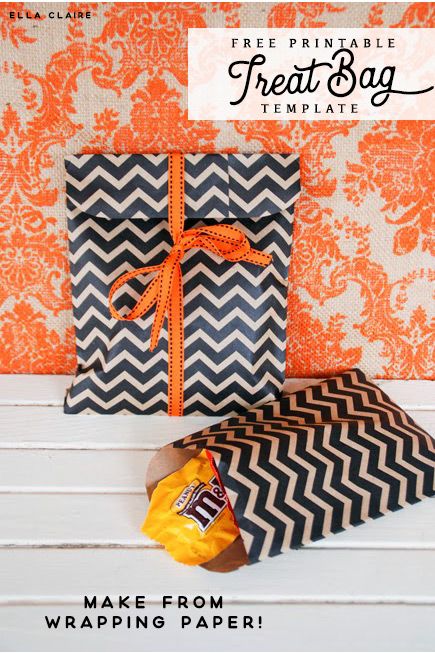 DIY Halloween treat bags with free printable template- made out of wrapping paper and a fun way to personalize bags for trick or treaters or kids and/or adults parties!  #DIY #freeprintable #halloween Bags Out Of Wrapping Paper, Diy Treat Bag, Halloween Treat Bags Diy, Diy Halloween Treats, Paper Halloween, Party Supply Store, Halloween Treat Bags, Treat Holder, Halloween Treat