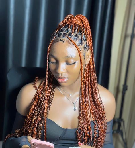 Box Braids Orange, Ginger Braids With Beads, Knotless Braids Color Ideas, Orange Braids, Ginger Knotless Braids, Stylish Braids, Braids Ginger, Curled Hair With Braid, Brown Braids