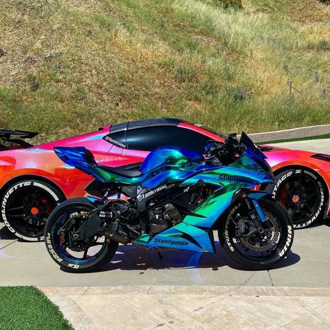 GTA BOYYY Bikes! 🤑🏍🔥 on Instagram: "Definently one of my favorite colors out of all my wraps on my bikes!😍💘🔥#motorcycle #bikelife #gta #videogames #sportbike #car #supercar #corvette" Cool Wrapped Cars, Colorful Motorcycles, Wrapped Sports Bike, Unique Car Wrap Colors, Wrapped Motorcycle, Motorcycle Wrap, Gta Cars Custom, Motos Yamaha, Boy Bike