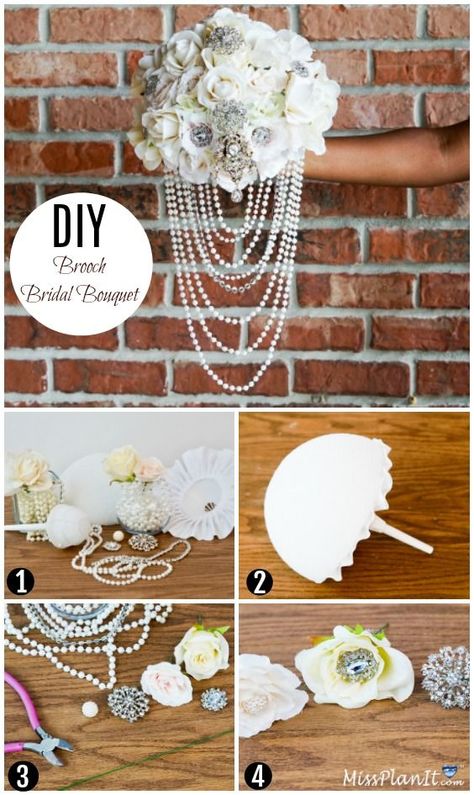 How To: DIY Brooch and Pearl Bridal Bouquet Diy Bouquet Wedding Artificial Flowers How To Make, How To Make Bride Bouquet Tutorials, How To Make A Bridal Bouquet, Bling Wedding Bouquet, Brooch Bouquet Tutorial, Make Your Own Bridal Bouquet, Broach Bouquets, Pearl Bridal Bouquet, Diy Wedding Flowers Bouquet