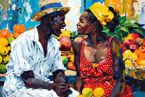 Black People Art of Couple in Caribbean Market Print by WestIndiesArtCo on Etsy Caribbean Wall Art, Caribbean Market, Black People Art, Mums Birthday, Print Techniques, Real Painting, African Wall Art, Caribbean Art, Black Art Painting