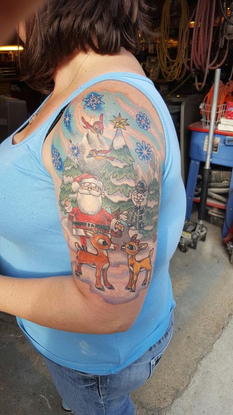 Christmas Rudolph Tattoo Rudolph The Red Nosed Reindeer Tattoo, Christmas Sleeve Tattoo, Rudolph Tattoo, Reindeer Tattoo, Christmas Tattoo Ideas, Christmas Tattoos, Heat Miser, Christmas Rudolph, Whoville Christmas