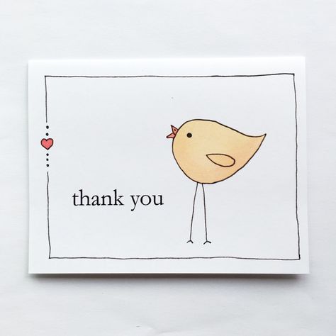 The little bird wants to chirp out a message of thanks. This is a print of a hand drawn card. I drew the illustration and added in some additional text.  It comes with an envelope and is sized at 4.25" x 5.5".   These cards are professionally printed on 130# Matte Cardstock and cost $5 including shipping. I send these cards through lettermail via Canada Post or ChitChats and so there is no tracking. Homemade Card Designs, Watercolour Ideas, Show Gratitude, Cute Thank You Cards, Hand Drawn Cards, Etsy Cards, Thank You Note Cards, Paint Cards, Bird Cards