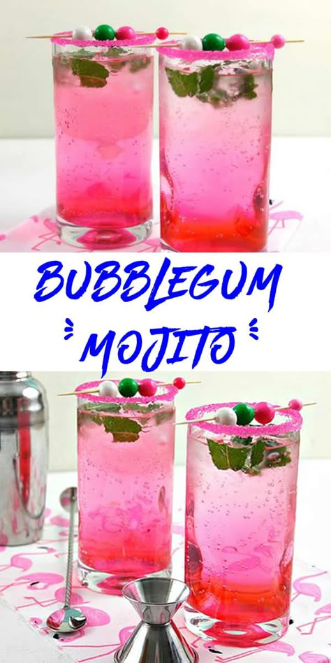 bubblegum Mojito cocktail with rum alcohol How To Make Mojitos, Best Mojito Recipe, Easy Mojito Recipe, Bachelorette Party Shots, Fun Drink Recipe, Halloween Drinks Alcohol, Fun Drinks Alcohol, Coctails Recipes, Vodka Lemonade